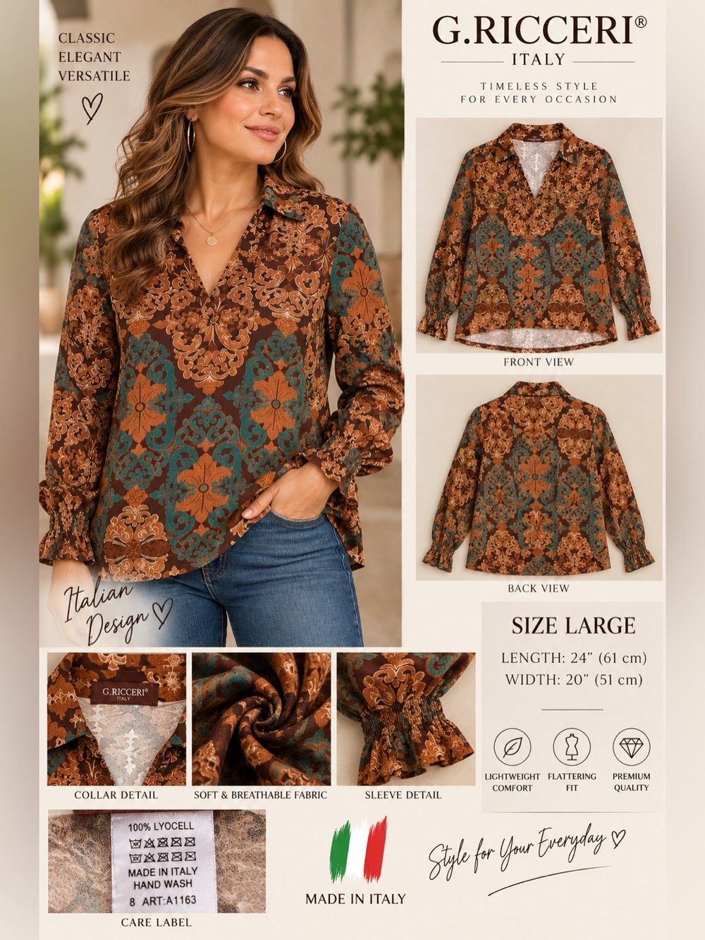 G.RICCERI Italy Women's L 8 Brown Teal Floral 100% Lyocell Long Sleeve Blouse
